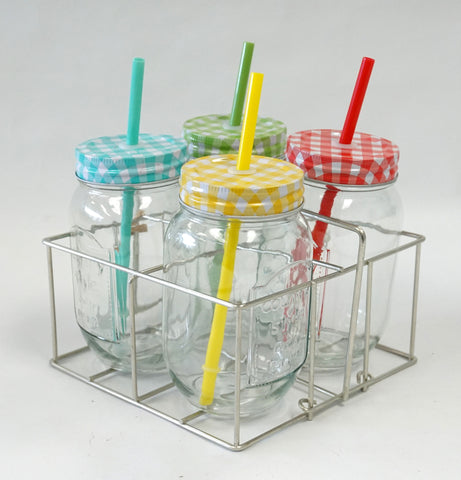 Beverage Caddy - 4 Glass Mason Jars w/ Straws - Portico Indoor & Outdoor Living Inc.